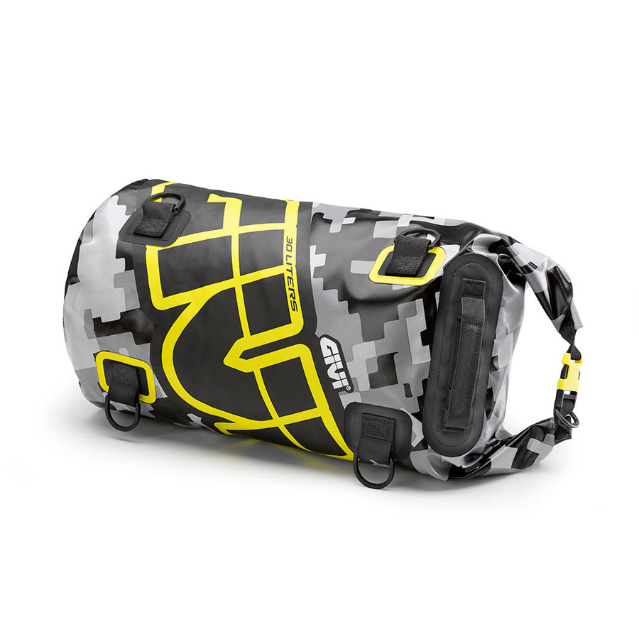 [GIVI] – Easy-T Waterproof - Rouleau de bagages 30 L – motif camouflage gris, lettrage jaune fluo