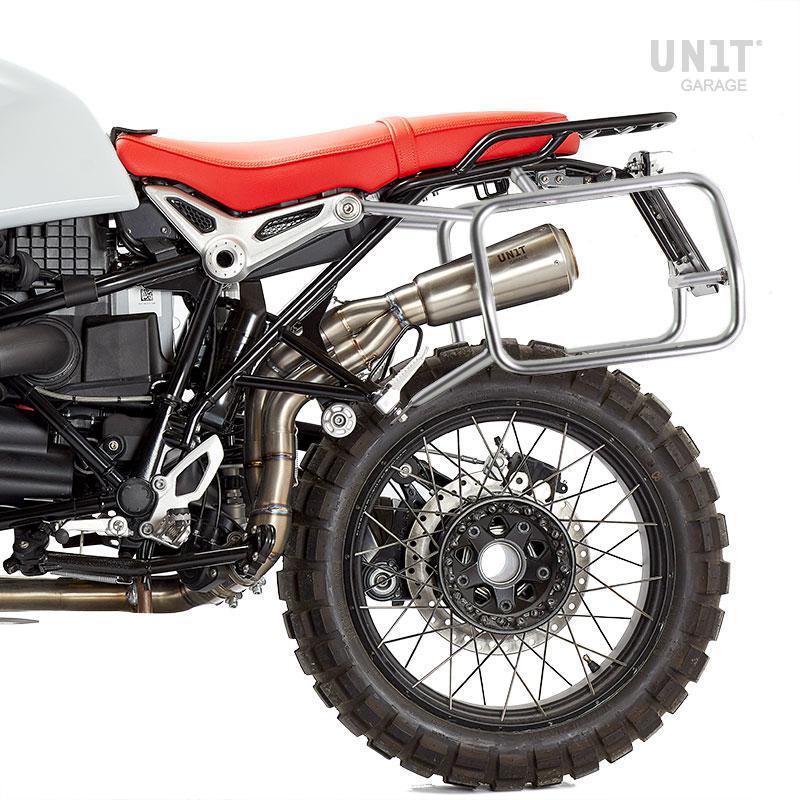 BMW R nineT 1200 Urban G/S (hoher Auspuff) [2017-2023] - Paar Cult-Seitentaschen aus Spaltleder 40L - 50L + Aluminiumplatte + Atlas NineT Aluminium Taschenrahmen